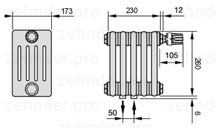 Схема (чертеж) Радиатор Zehnder Charleston 5026/5 №V008 Белый глянцевый RAL 9016